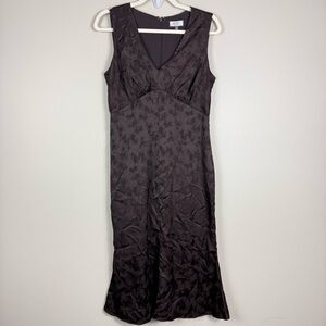 BCBG New York Midi Dress Womens 8 Brown Floral Y2K Jacquard Babydoll V-Neck